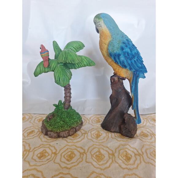 Tropical Parrot Figurine Pair – Macaw on Stump & Parrot on Palm Tree Resin Décor - Picture 2 of 7